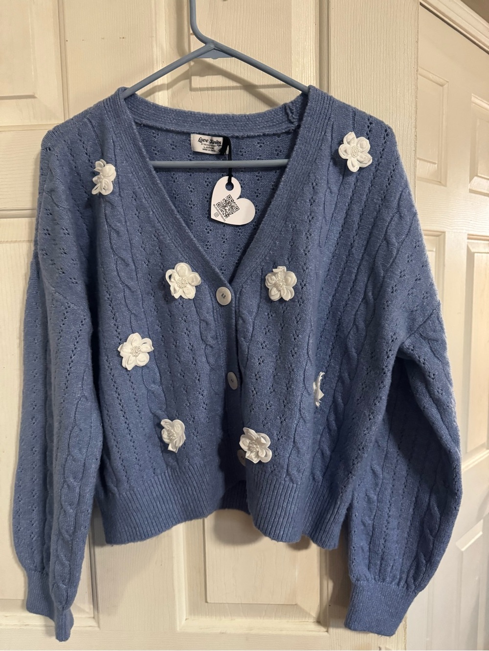 Love Knits Blue V-Neck Cardigan with White Flower Appliqués
